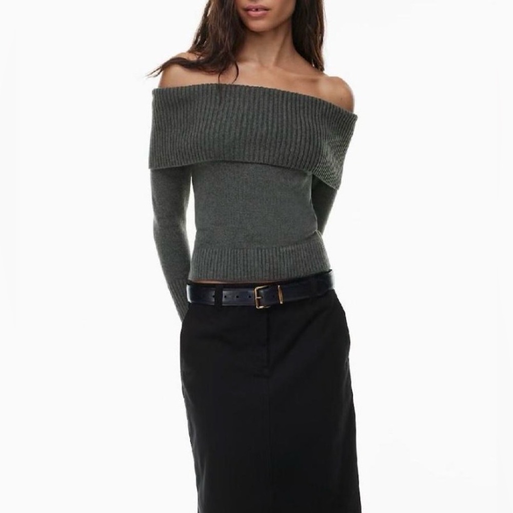 Aritzia Wilfred Croquis Off the Shoulder Wool Sweater Dark Grey Size Large